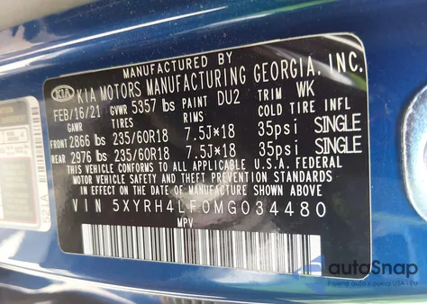 2021 Kia Sorento Ex from USA, damaged, VIN 5XYRH4LF0MG034480